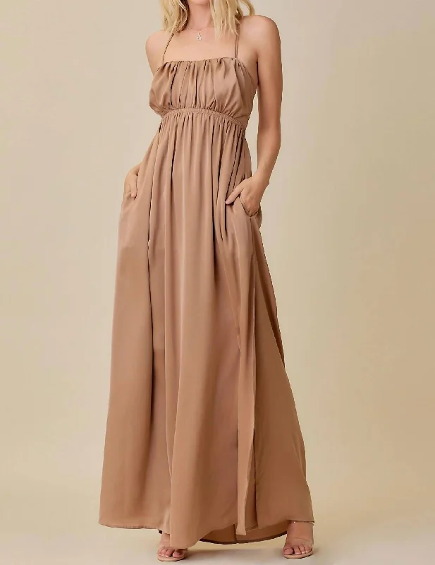 Maxi dress with shirred bodice-The Wait Is Over Maxi Dress In Latte