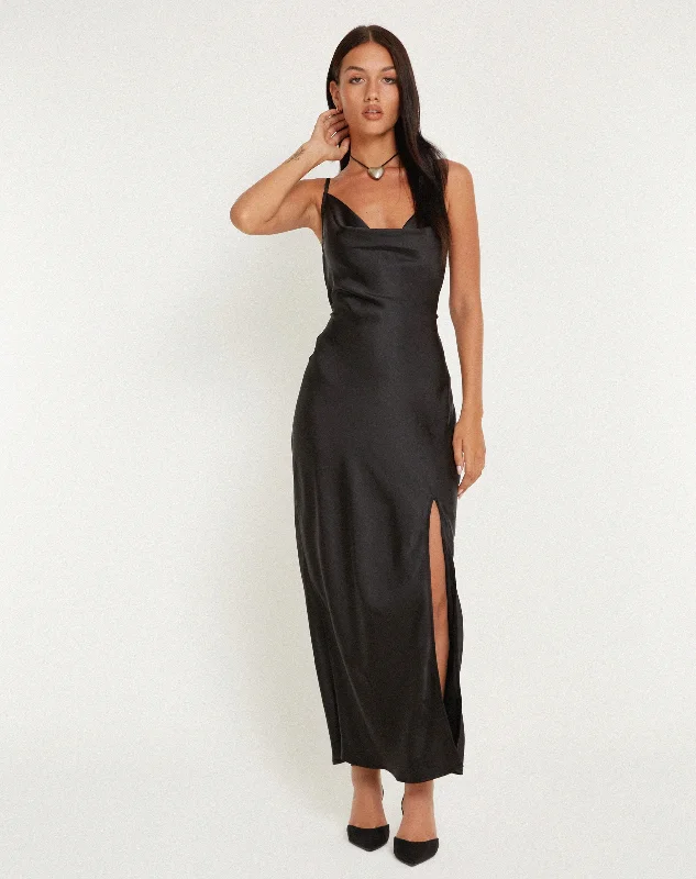 Boho maxi dress with fringes-Padilla Maxi Dress in Satin Black