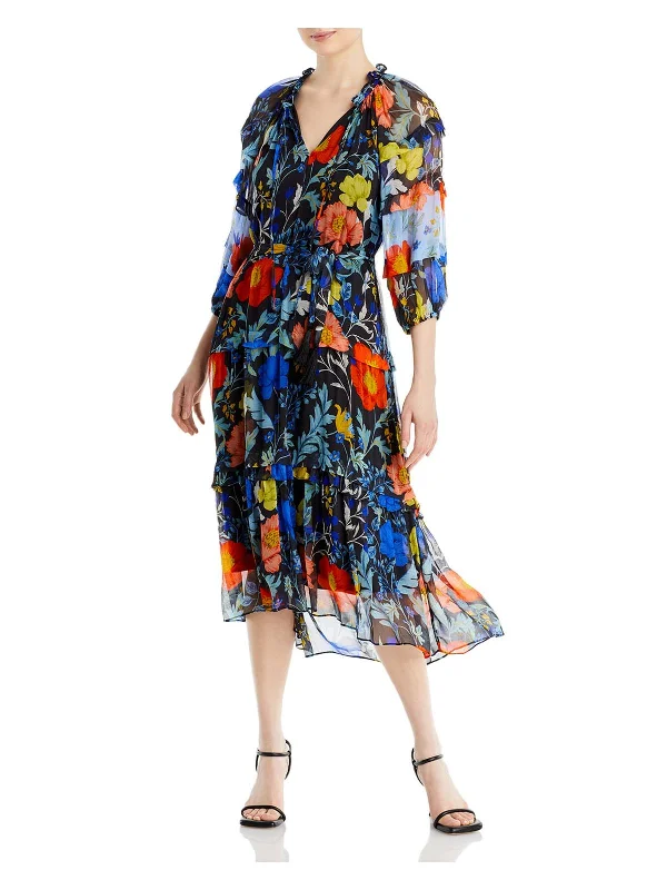 Chic cut-out midi dress-Womens Chiffon Floral Midi Dress