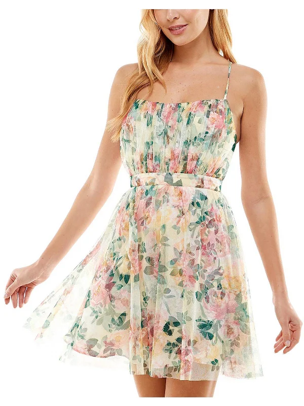 Party-ready mini dress-Juniors Emma Womens Floral Mini Fit & Flare Dress