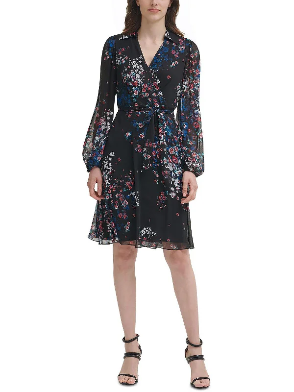 Office-friendly midi dress-Womens Floral Print Wrap Midi Fit & Flare Dress