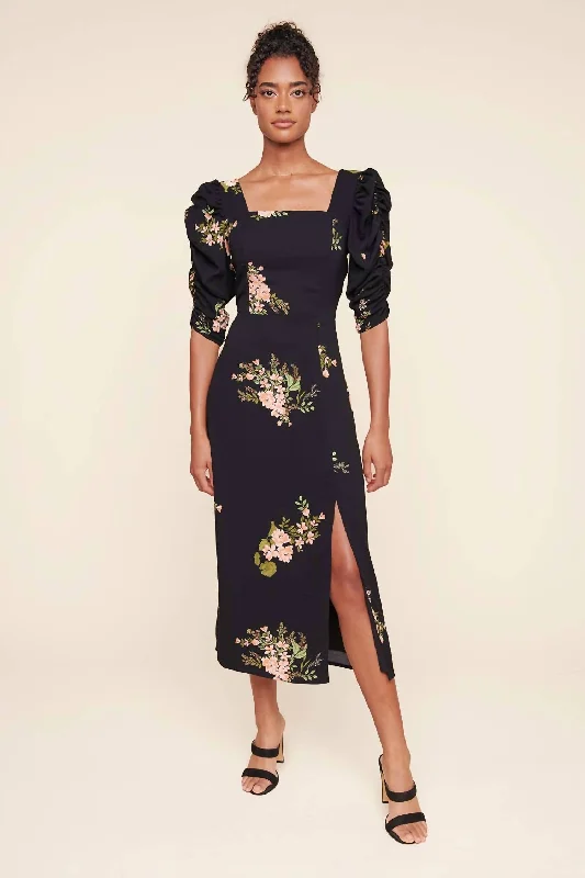 Velvet midi dress for winter-Jasleen Floral Ruched Sleeves Midi Dress in Black