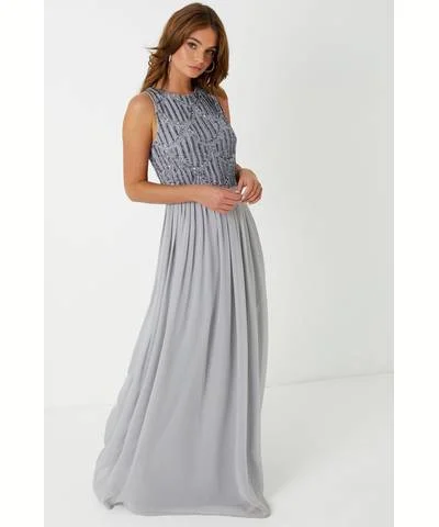 Maxi dress with cap sleeves-Embellished Grey Maxi