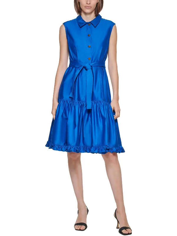 Romantic ruffled midi dress-Womens Pleated Midi Shirtdress