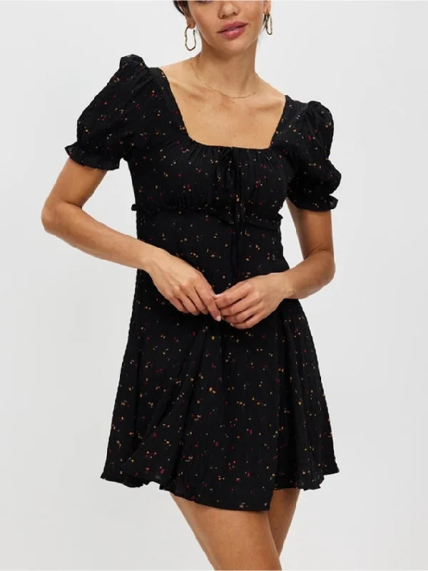 Mini dress with spaghetti back-Women's Floral Square Neck Short Puff Sleeve A Line Dress by Kaja Clothing-Bound Dress