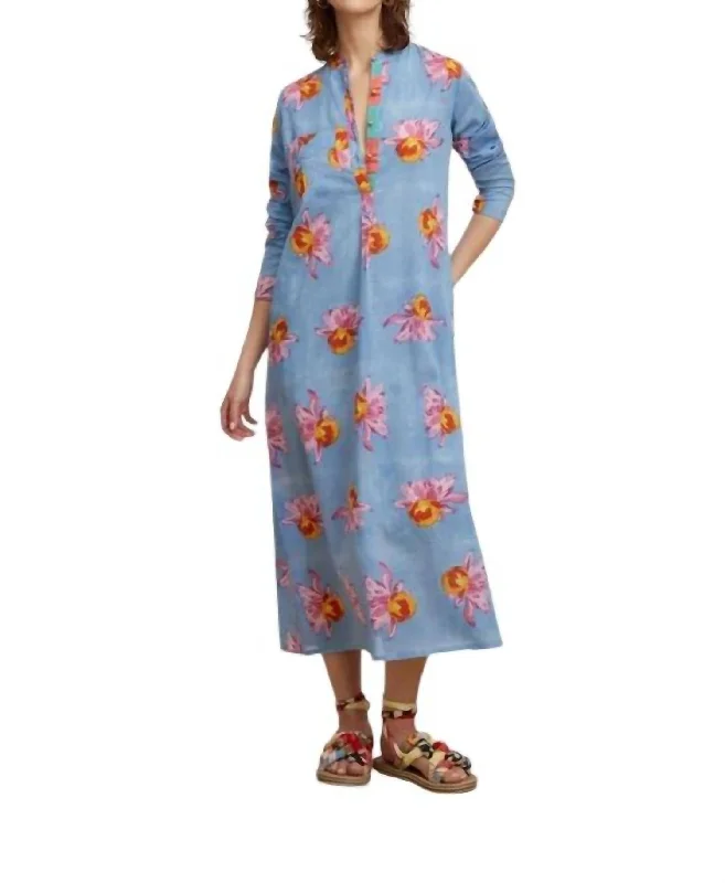 Maxi dress with elastic waist-Long Kurta Mal Mal Arabesque Dress In Blue W Floral