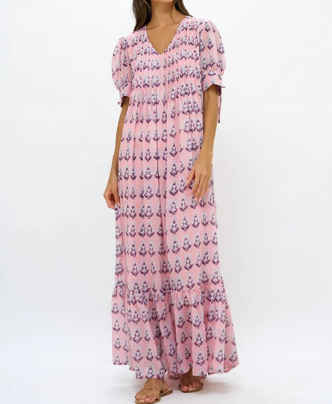 Maxi dress with halter neck-V-Neck Pintuck Maxi Dress In Bodrum Pink