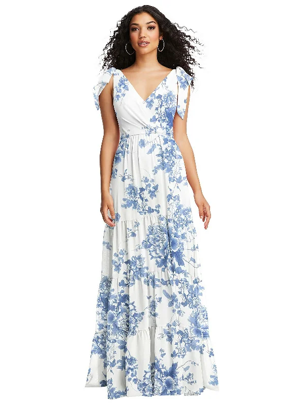 Maxi dress with intricate beading-Bow-Shoulder Faux Wrap Maxi Dress with Tiered Skirt