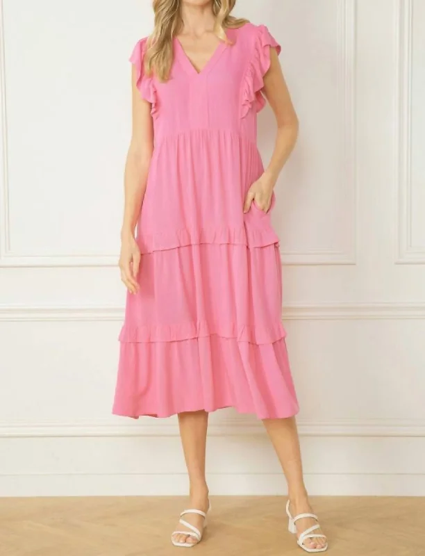 Office-friendly midi dress-V-Neckline Midi Dress in Pink