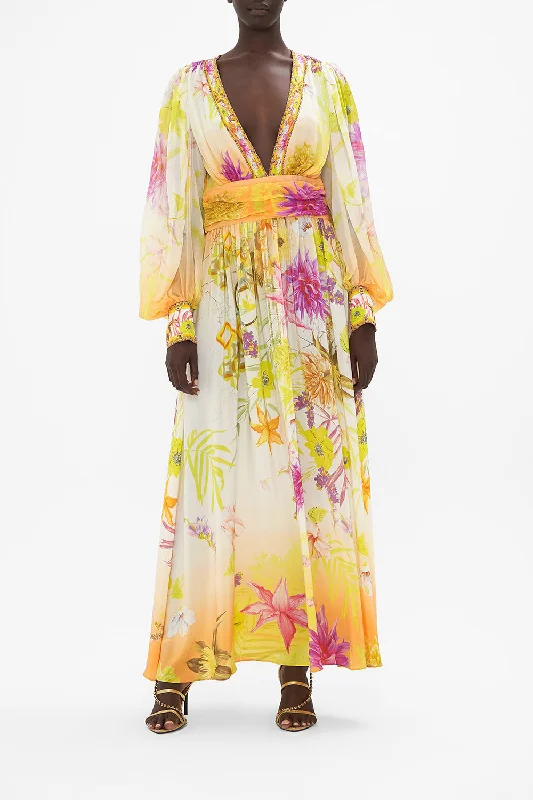 Maxi dress with side slit-LONG DRESS WITH BLOUSON SLEEVE HOW DOES YOUR GARDEN GROW