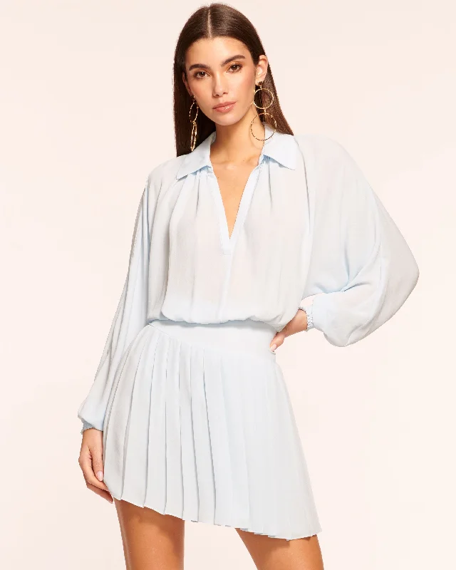 Mini dress with side slits-Marina Long Sleeve Pleated Mini Dress