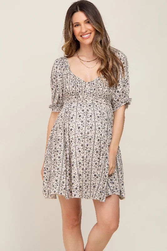 Tie-waist mini dress-Cream Floral Puff Sleeve Smocked Maternity Mini Dress