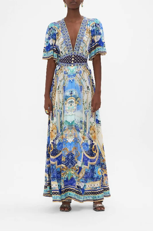 Maxi dress with side slit-Views Of Vesuvius Flutter-Sleeve Maxi Dress In Multi