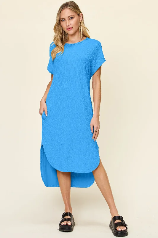 Mini dress with crisscross back-Double Take Round Neck Short Sleeve Slit Dress