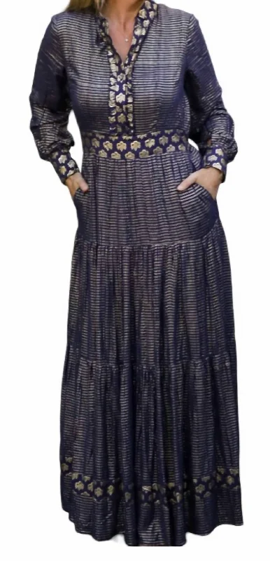 Modern maxi dress-Annabelle Long Sleeve Maxi Dress In Navy Blue/gold