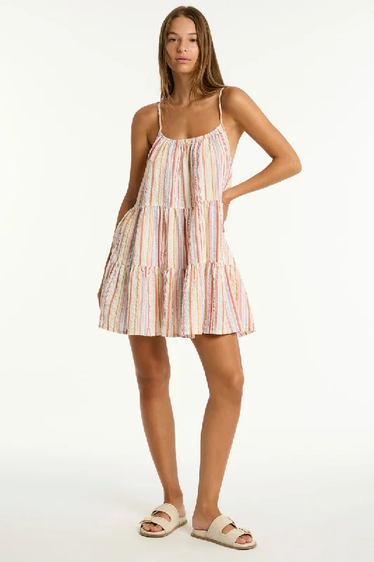 Bohemian style mini dress-Boho Stripe Tie Back Short Sundress