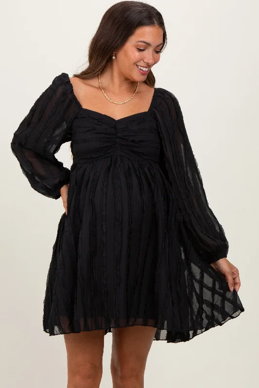 Casual mini dress for summer-Black Ruffle Textured Maternity Mini Dress