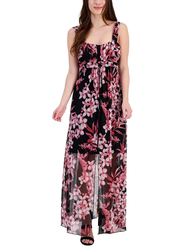 Casual long maxi dress-Womens Floral Print Mesh Maxi Dress