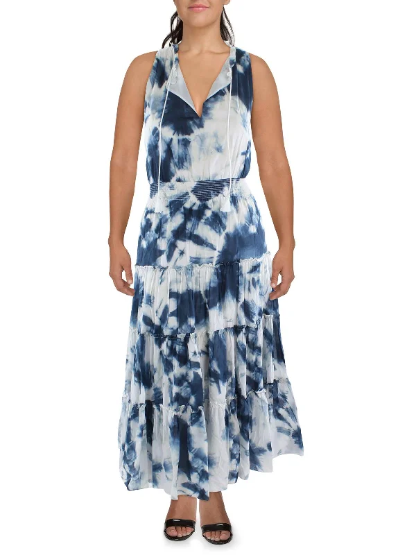 Maxi dress with backless design-Womens Tie-Dye Ruffled Maxi Dress