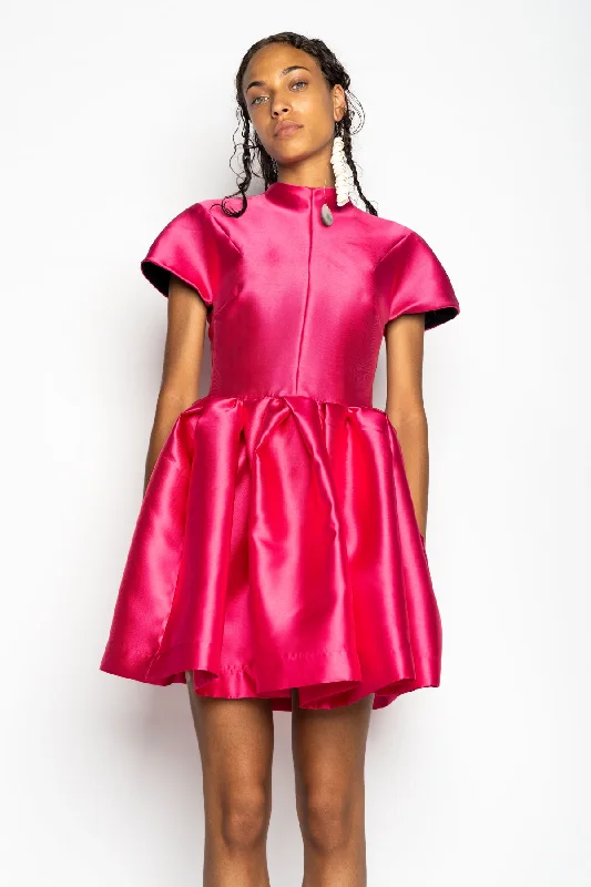 Mini dress with faux leather-PINK SHORT SLEEVE PUFF SKIRT DRESS