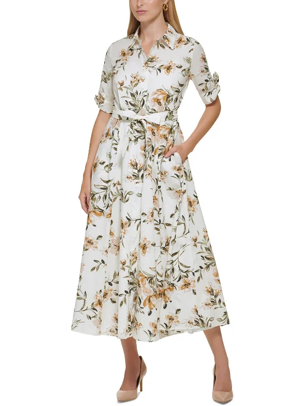 Maxi dress with delicate lace-Petites Womens Floral Print Maxi Shirtdress