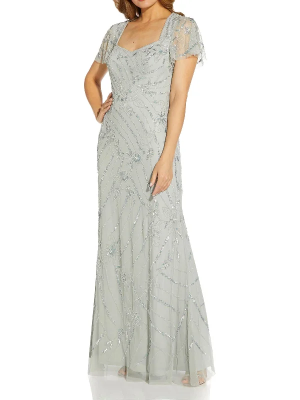 Maxi dress with sheer sleeves-Petites Womens Sequined Maxi Evening Dress