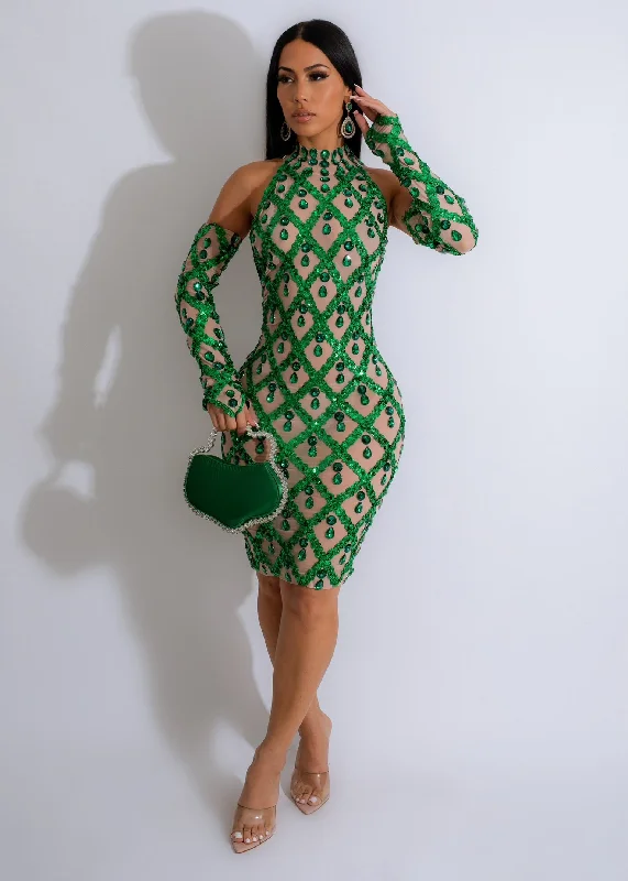 Elegant mini dress for evening-Silent Night Mesh Rhinestones Sequin Mini Dress Green