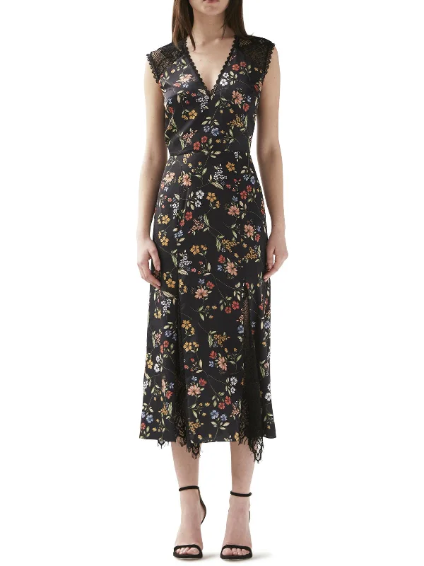 Asymmetric hem midi dress-Womens Satin Floral Midi Dress