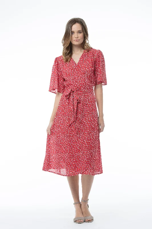 Mini polka dot midi dress-V-neck Red Printed Short-sleeved Dress - MARTHA Dress