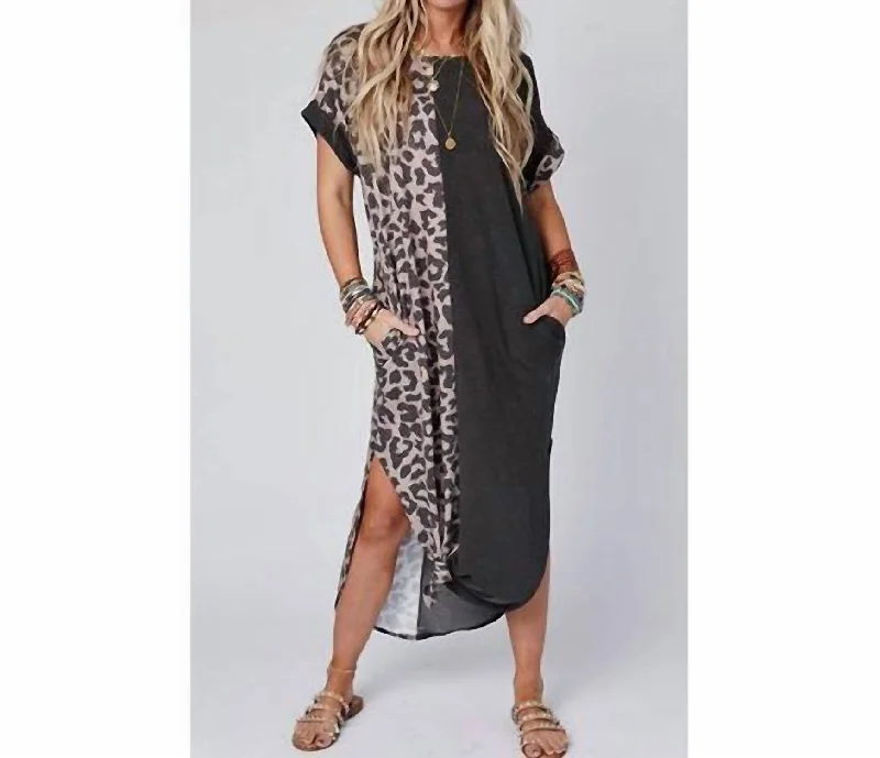 Colorful maxi dress-Maxi Dress With Rolled Sleeves In Black Leopard