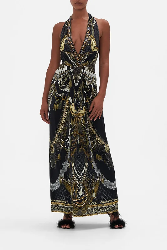 Maxi dress with bell cuffs-LONG JERSEY HALTER DRESS RAVIN RAVEN