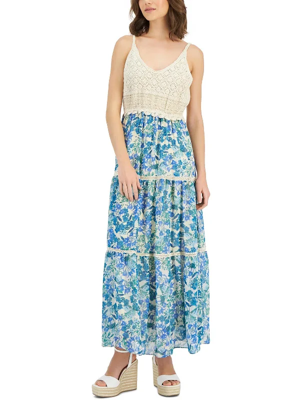 Maxi dress with sheer sleeves-Womens Floral Print Crochet Maxi Dress