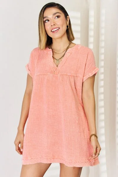 Pleated mini dress for classic look-Zenana Washed Nochted Rolled Short Sleeve Dress