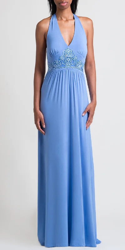 Maxi dress with sheer sleeves-Soutache Embroidery Halter Maxi Dress - Lt. Indigo