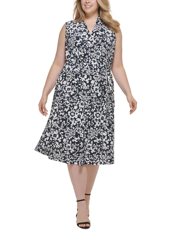 Asymmetric hem midi dress-Plus Womens Floral Print Surplice Midi Dress