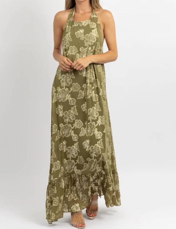 Maxi dress with wrap design-Halter Maxi Dress In Andie Olive, Gold