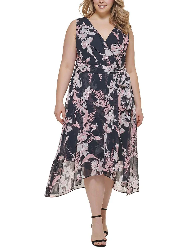 Romantic ruffled midi dress-Plus Womens Chiffon Floral Midi Dress