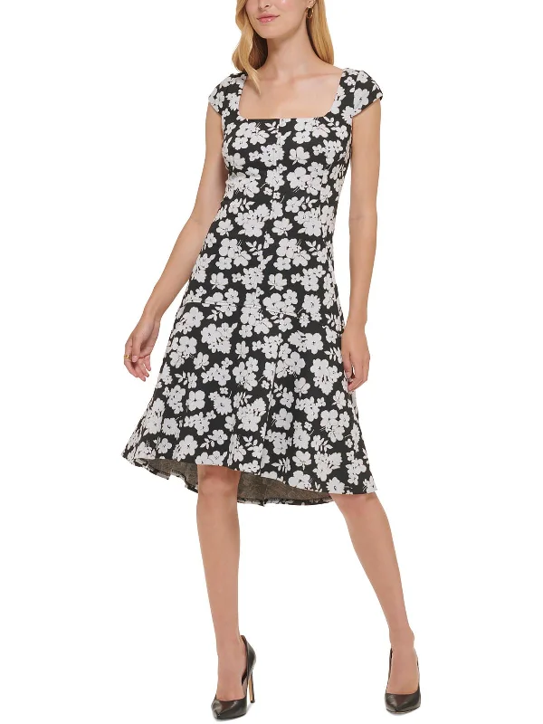 Mini dress with cap sleeves-Womens Floral Print Knit Fit & Flare Dress