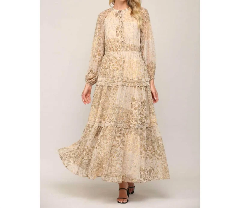 Maxi dress with bell cuffs-Shimmer Print Chiffon Maxi Dress In Natural