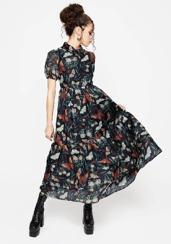 Maxi dress with bell cuffs-Mariposa Puff Sleeve Organza Maxi Shirt Dress