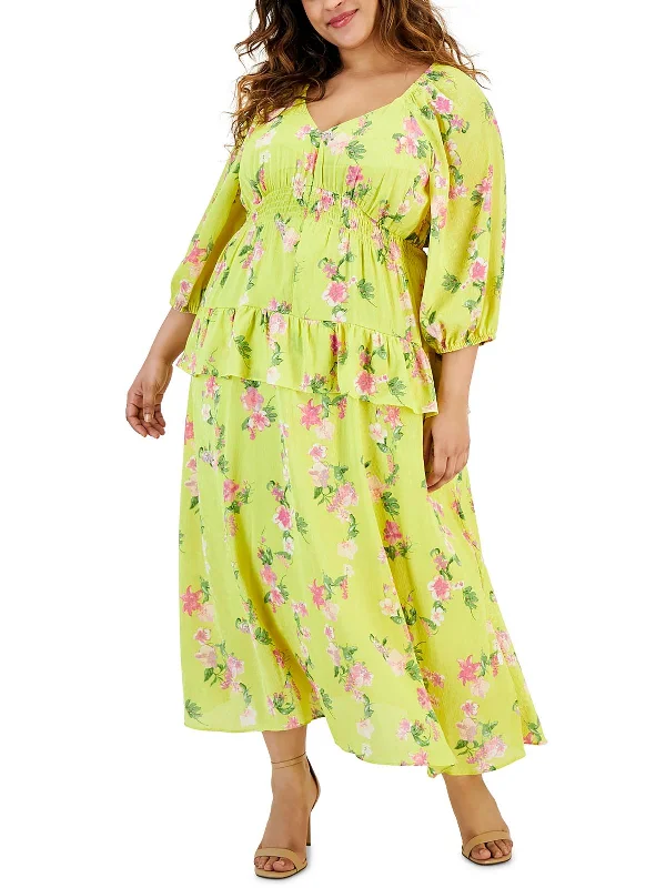 Maxi dress with floral details-Plus Womens Tiered Smocked Maxi Dress