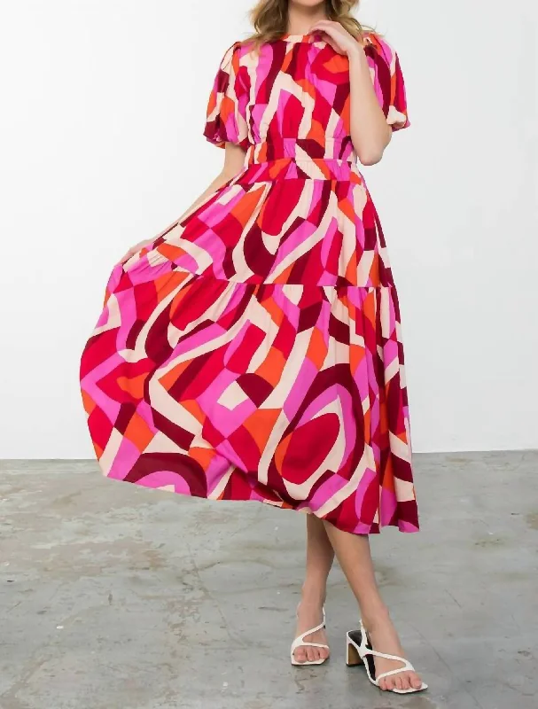 Maxi dress with chiffon fabric-Puff Sleeve Maxi Dress In Pink And Red