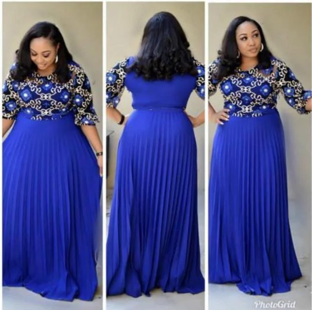 Maxi dress with shirred bodice-Dress-African Women Maxi Dress Blue