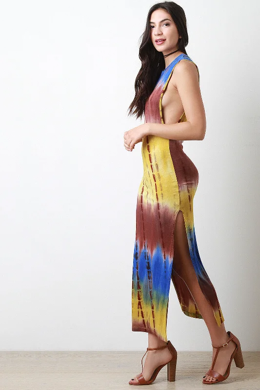 Maxi dress with elastic waist-Double Side Slit Tie Dye Maxi Dress