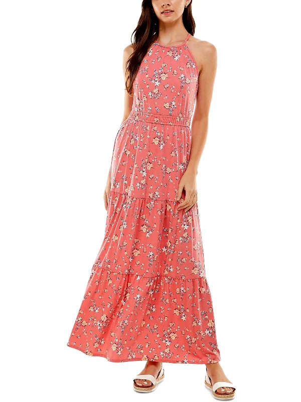 Maxi dress with tiered bodice-Womens Sundress Maxi Halter Dress