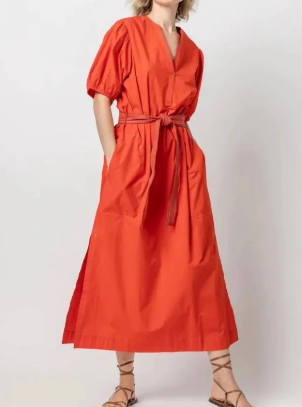 Maxi dress with cape sleeves-Spit Neck Full Sleeve Maxi Dress In Poppy