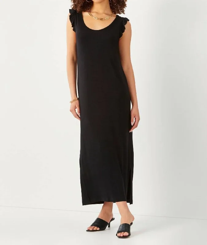 Trendy off-the-shoulder midi dress-Zosia Midi Ruffle Tank Dress in Black