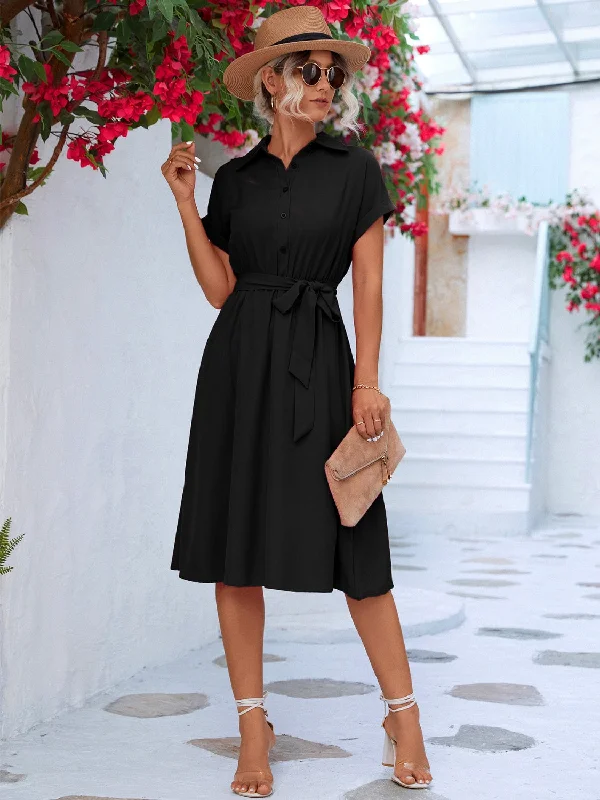 Mini dress with braided straps-Buttoned Tie Waist Short Sleeve Dress