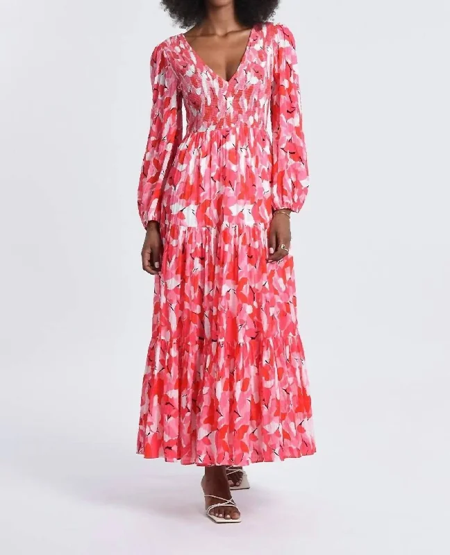 Maxi dress with floral details-Long Printed Bohemian Dress In Pink Louise