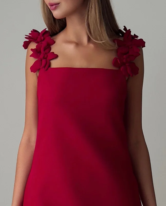 Mini dress with wrap bodice-Elegant Red Mini Dress with Floral Shoulder Detail